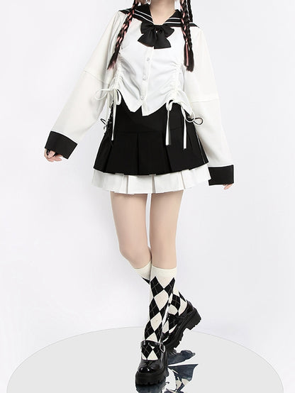 スカート ホワイト/グレー ティアードプリーツ ダブル＆ブラック ボックス