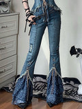 Patchwork Lace-up Denim Flare Pants