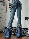 Lace-up Patchwork Detail Denim Pants Flare Design