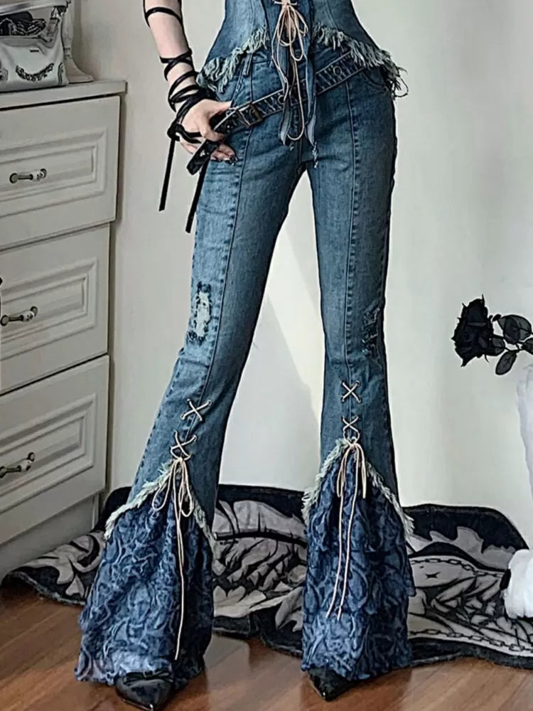 Lace-up Patchwork Detail Denim Pants Flare Design