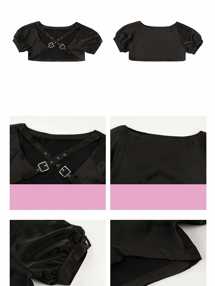 Kurzes Top + Schnürset, unregelmäßiger Aufdruck, schwarzes Neckholder-Top + Schmetterlingsärmel