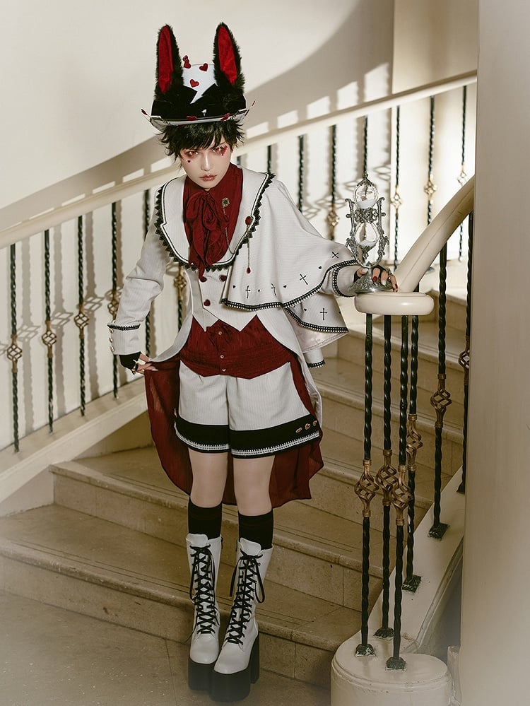 White Ouji Heart Buttons with Fabric Lolita Golden Striped Shorts