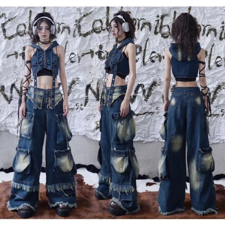 Cargo Punk Wash Wasteland Faded Pockets Jeans Wide Leg
