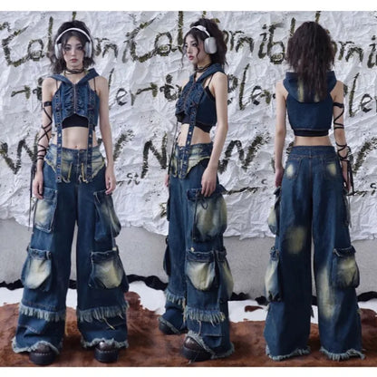 Cargo-Punk-Waste-Wasteland-Jeans mit verblassten Taschen und weitem Bein