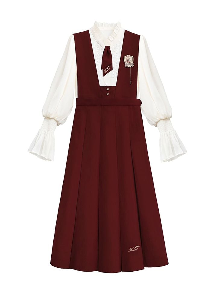 Pleat Overalls Skirt with Box Letters Embroidery Red