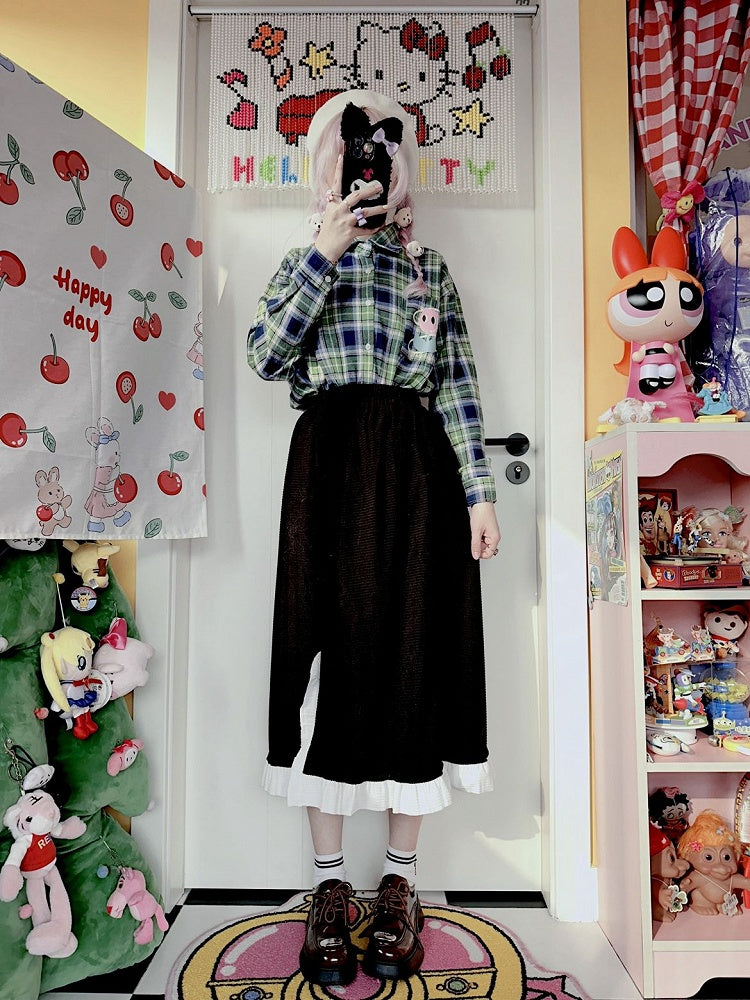 サイドウエストフリルシャーリングブラックスカートスリットトリム