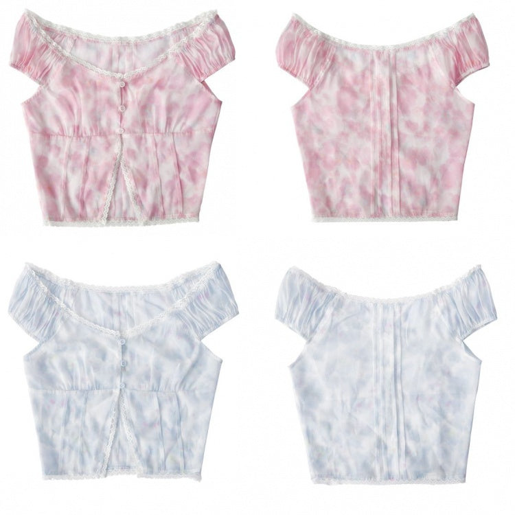 Blaues Top mit V-Ausschnitt und floralem Spitzenbesatz