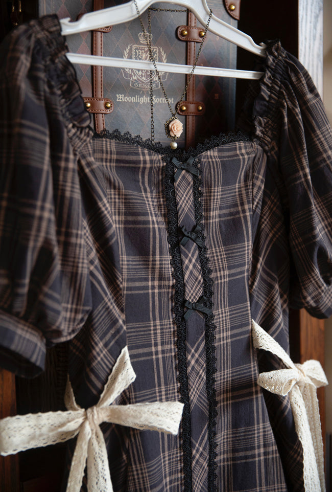 Black Dress Fit Pattern Slim Waist Plaid Short Sleeves Lolita