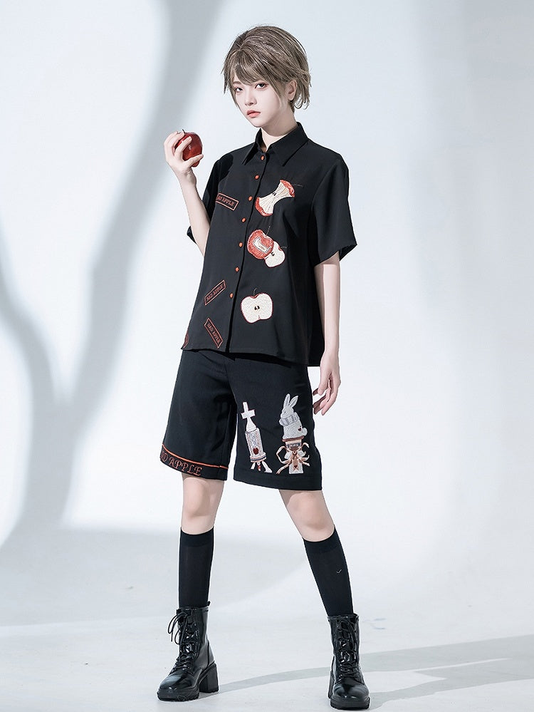 Details Fashion Rabbit Embroidery Ouji Black Shorts