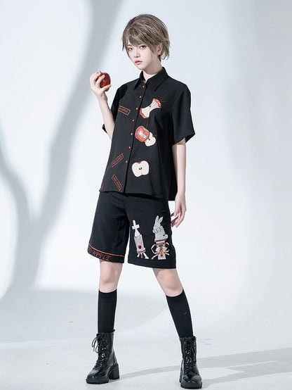 Details Fashion Rabbit Embroidery Ouji Black Shorts