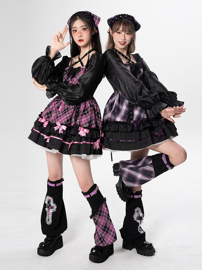 Neckholder-Rosa-Kariertes Langarm-Einteiler-Idol-Kleid