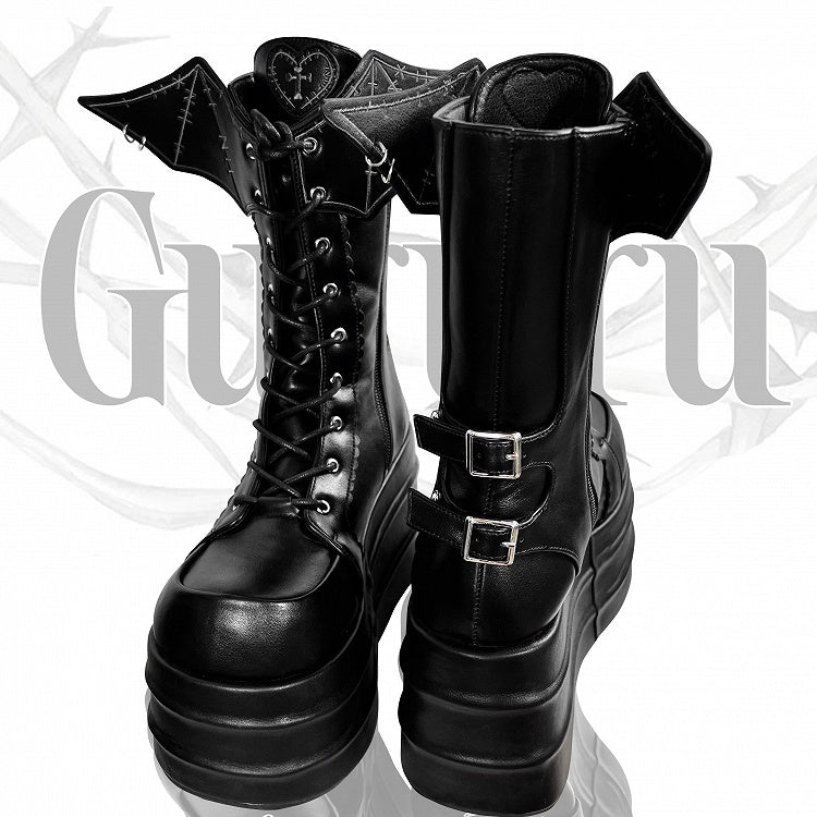 Bat Wings Martens Design Platform Black Strap Lace-up Boots