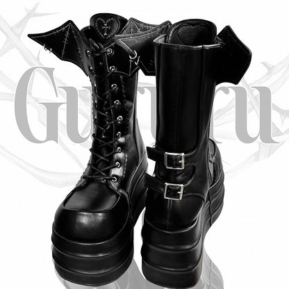 Bat Wings Martens Design Platform Black Strap Lace-up Boots