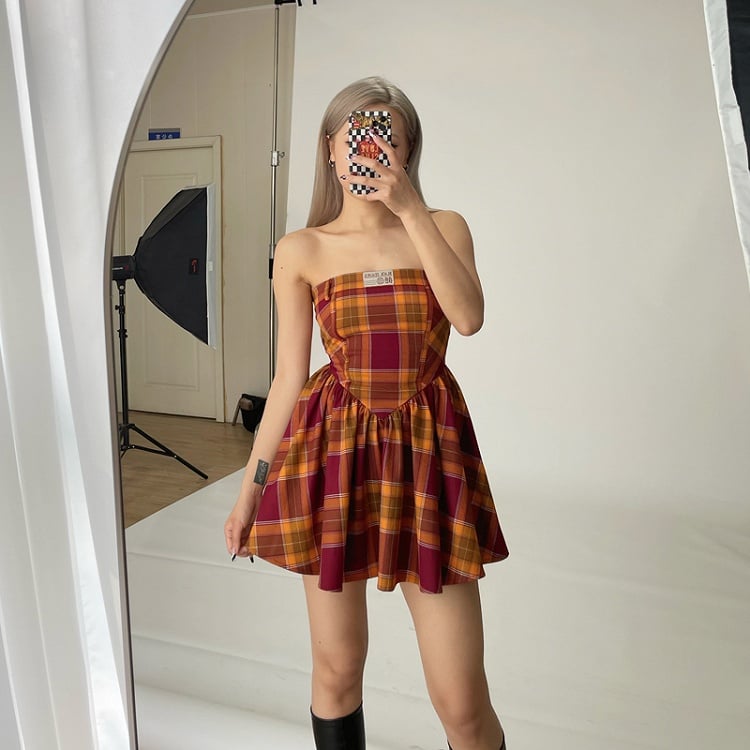 Plaid Dress Strapless Red and Yellow Girl Spice Campus