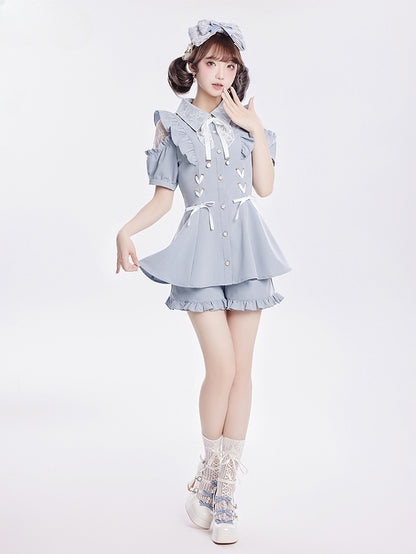 Coord Shorts with Kei Lace Set: Top Alice Cut-Out Brooch Bow Jirai Shoulder Blue