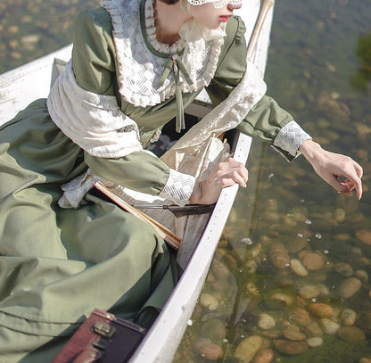 Rüschen Floral Vintage Ausschnitt Kleid Grün Stickerei Matcha mit