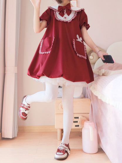 ワインレッドのバニー耳ピーターパンカラーバブルスカートドレス