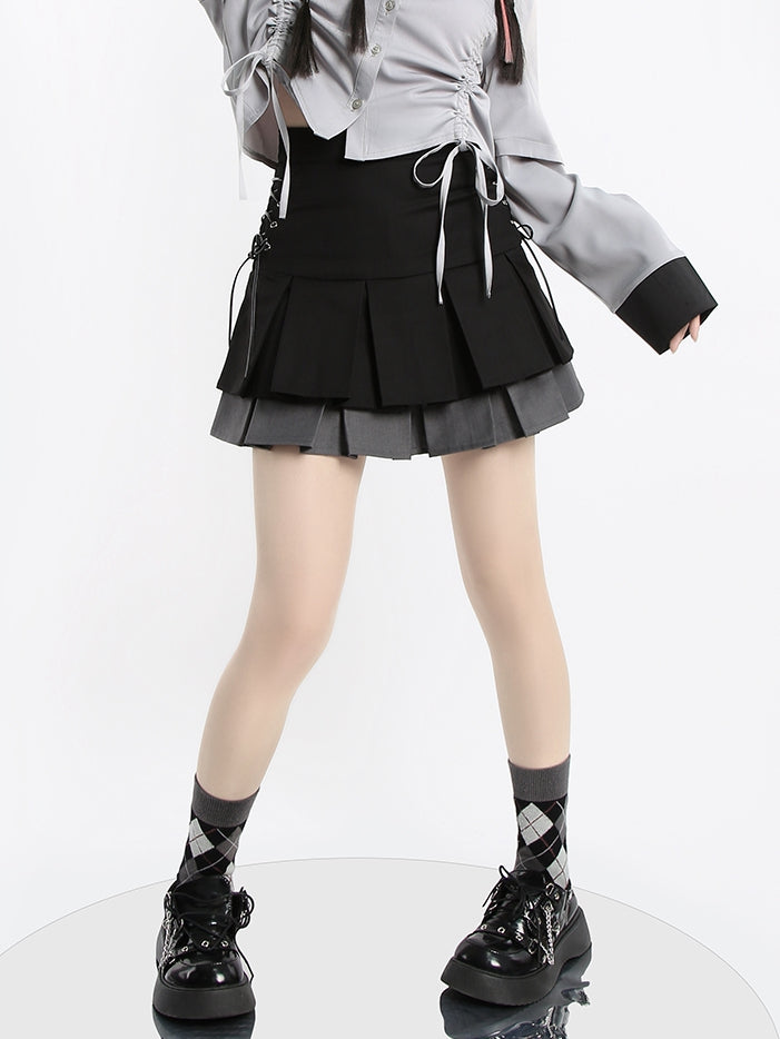スカート ホワイト/グレー ティアードプリーツ ダブル＆ブラック ボックス