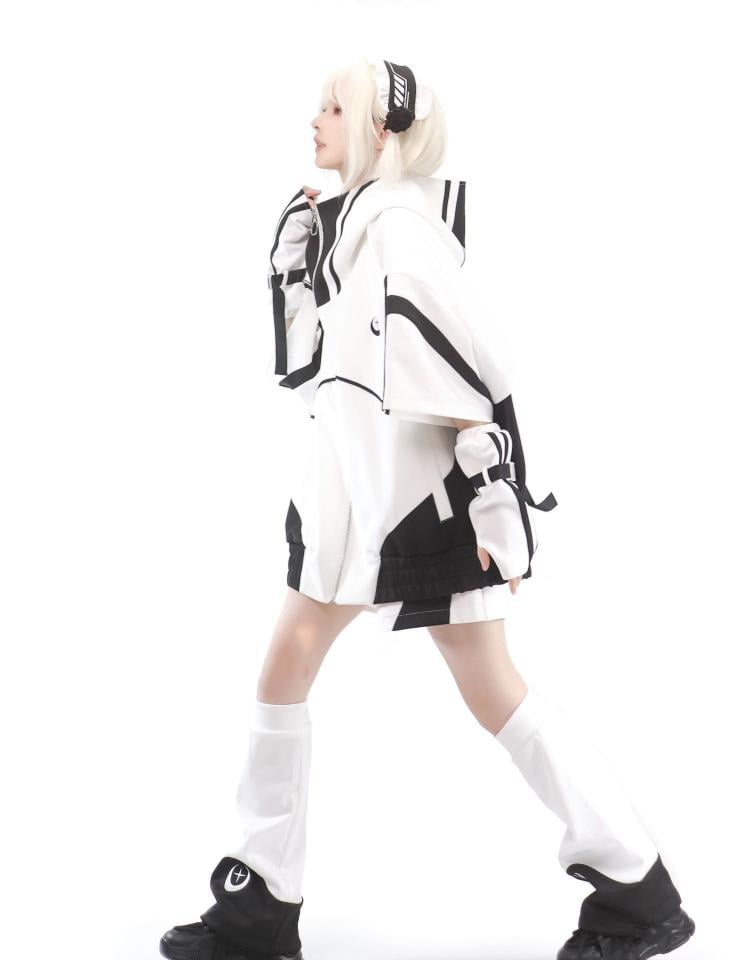 Black and White Full Zip Jacket Elbow-length Sleeves Jirai Kei Sweatershirt without Hoodie