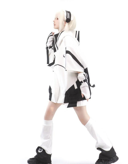 Black and White Full Zip Jacket Elbow-length Sleeves Jirai Kei Sweatershirt without Hoodie