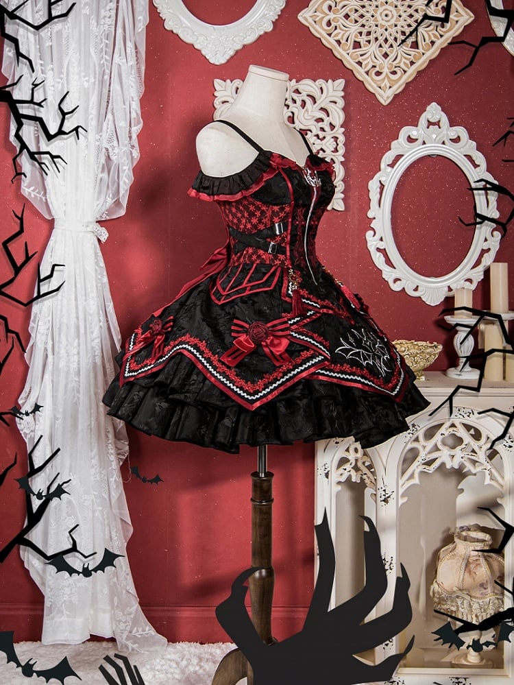 Gothic Bat Black Cross Embroidery Lolita Front Red JSK and Buckle Side Zip