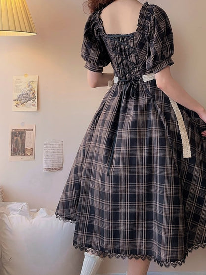 Black Dress Fit Pattern Slim Waist Plaid Short Sleeves Lolita