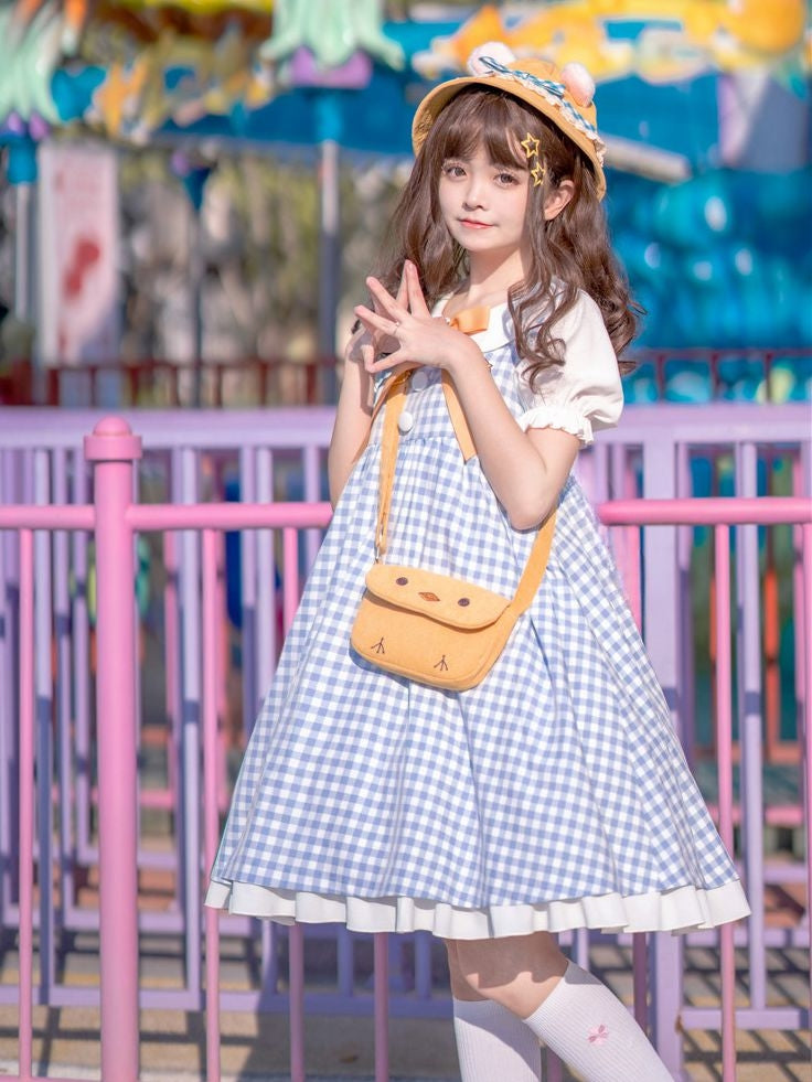 Blue Little Chicken Peter Pan Collar Plaid Short Puff Sleeves Dress