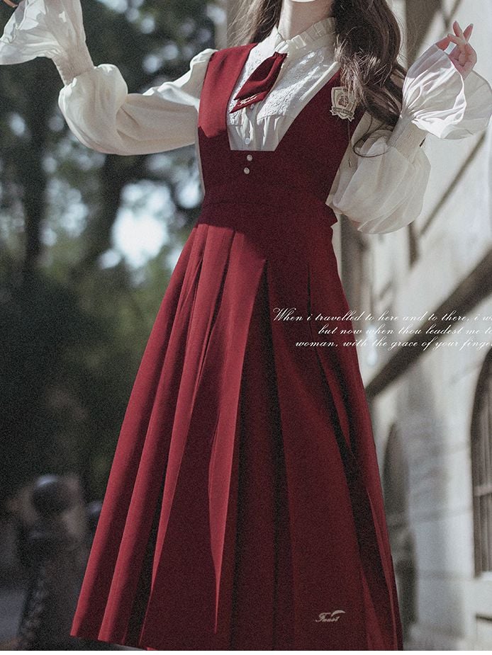 Pleat Overalls Skirt with Box Letters Embroidery Red