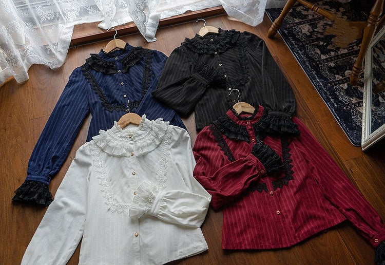 Bluse Gothic Kragen / Weiß Dunkel – Blau) Verfügbar Rot Hoch Farben Lolita Stoff 4 Gewaschen in Wildleder (Schwarz