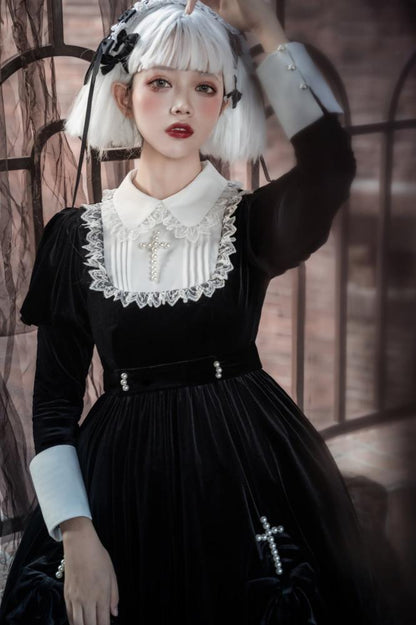 Schwarz-weißes elegantes Lolita-Kleid mit Juliette-Ärmeln