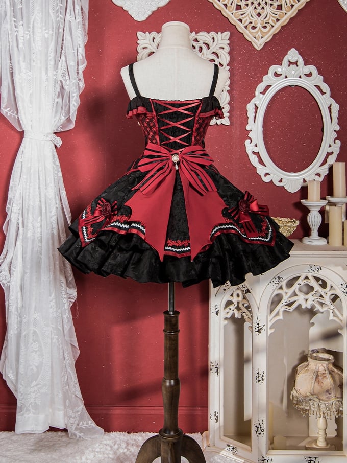 Gothic Bat Black Cross Embroidery Lolita Front Red JSK and Buckle Side Zip