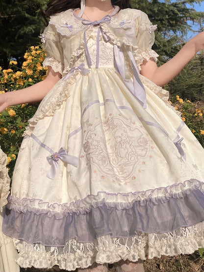 ショート丈クロップド丈刺繍トップス、スカラップカラー、パープルスリーブトリム