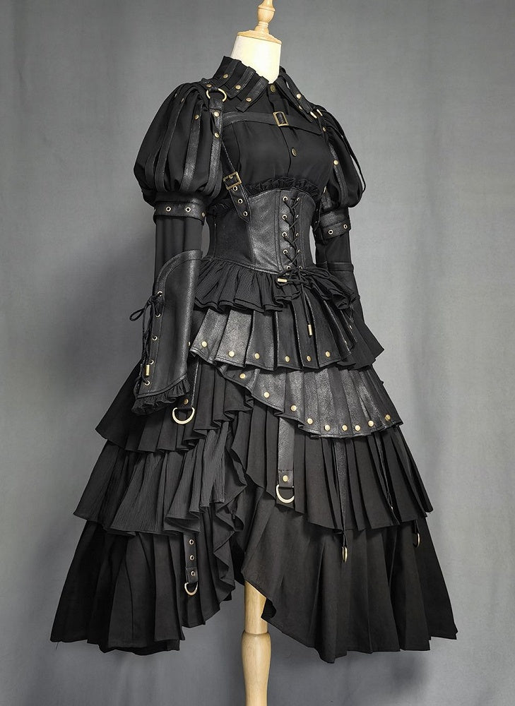 Black Gothic Lolita Shirt, Juliette Sleeves Steampunk Top, Plus Size - FOXTROT