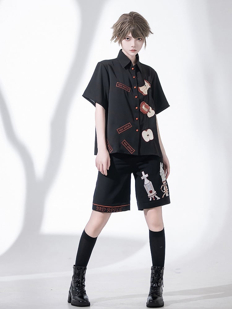Details Fashion Rabbit Embroidery Ouji Black Shorts