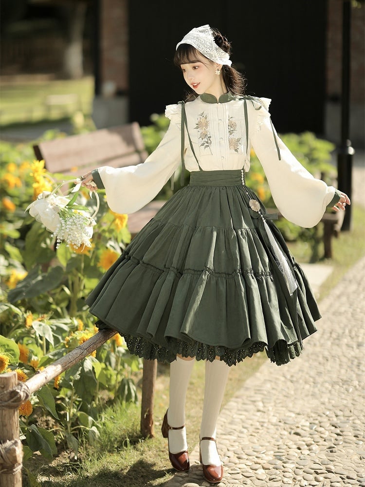 Sunflowers Embroidery Set + Tiered Sunflower Blouse Skirt Green with Charm Beige