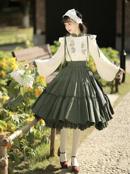 Sunflowers Embroidery Set + Tiered Sunflower Blouse Skirt Green with Charm Beige