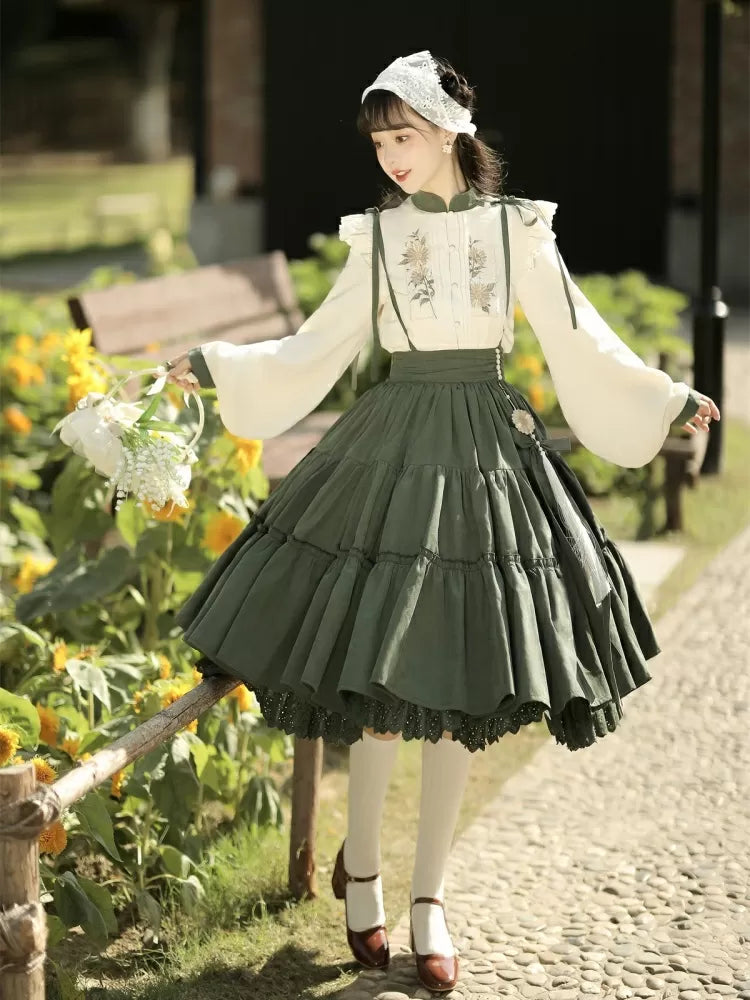 with Embroidery Set Green Tiered Sunflower Sunflowers Skirt Beige Charm + Blouse