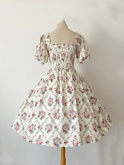 Kleid Square Fashion Print Weißer Ausschnitt Lolita Floral Off Elegant