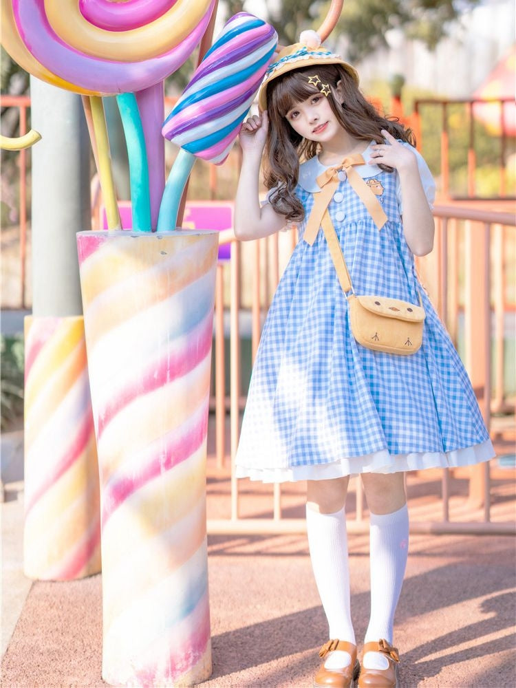 Blue Little Chicken Peter Pan Collar Plaid Short Puff Sleeves Dress