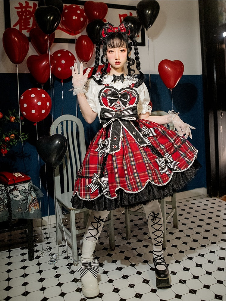 Punk Heart-Bodice Skirt Flutter Bowknots Straps Jumper Lolita with Red Plaid Striped