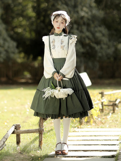 Sunflowers Embroidery Set + Tiered Sunflower Blouse Skirt Green with Charm Beige