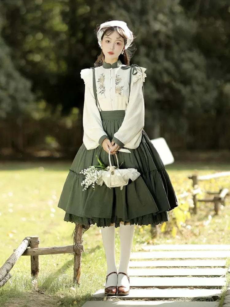 with Embroidery Set Green Tiered Sunflower Sunflowers Skirt Beige Charm + Blouse