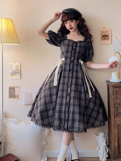 Black Dress Fit Pattern Slim Waist Plaid Short Sleeves Lolita