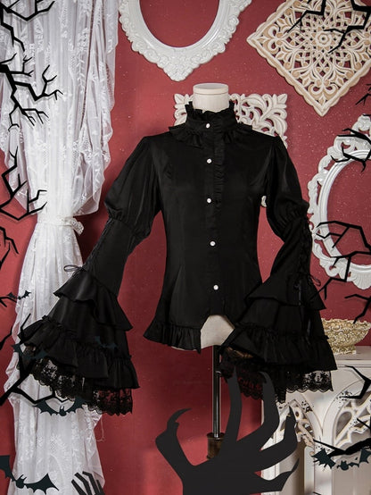 Neckline Sleeves Shirt Gothic Bell Ruffle Black