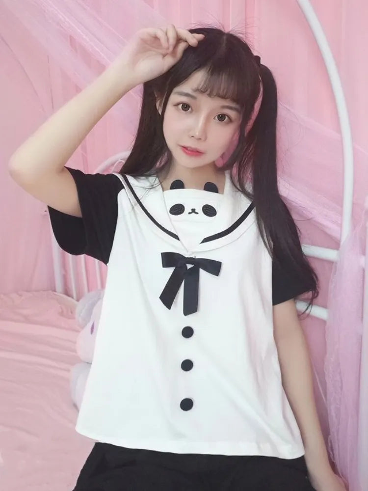 Sailor Design Collar Black and White Top Panda