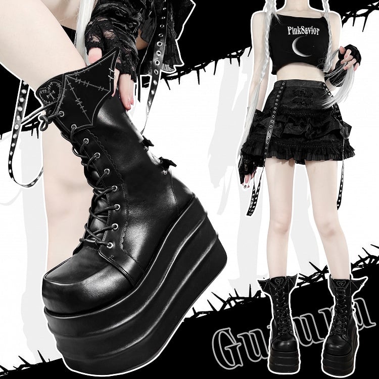 Bat Wings Martens Design Platform Black Strap Lace-up Boots