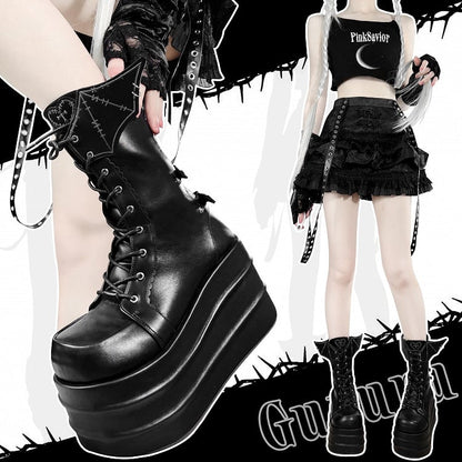 Bat Wings Martens Design Platform Black Strap Lace-up Boots