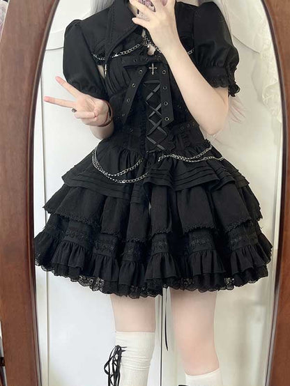 Black Gothic Short Jumper Skirt Adjustable Criss-cross Straps Waist