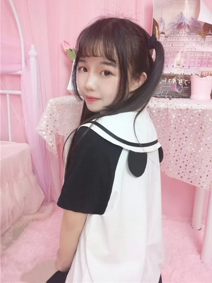Sailor Design Collar Black and White Top Panda