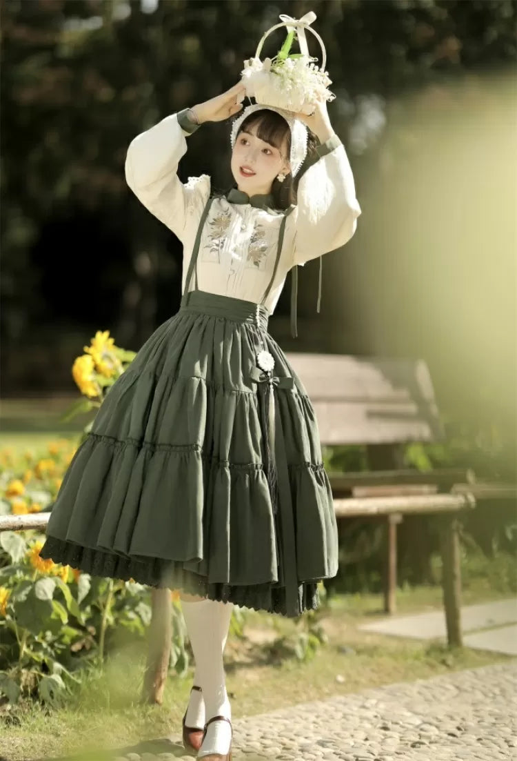 with Embroidery Set Green Tiered Sunflower Sunflowers Skirt Beige Charm + Blouse